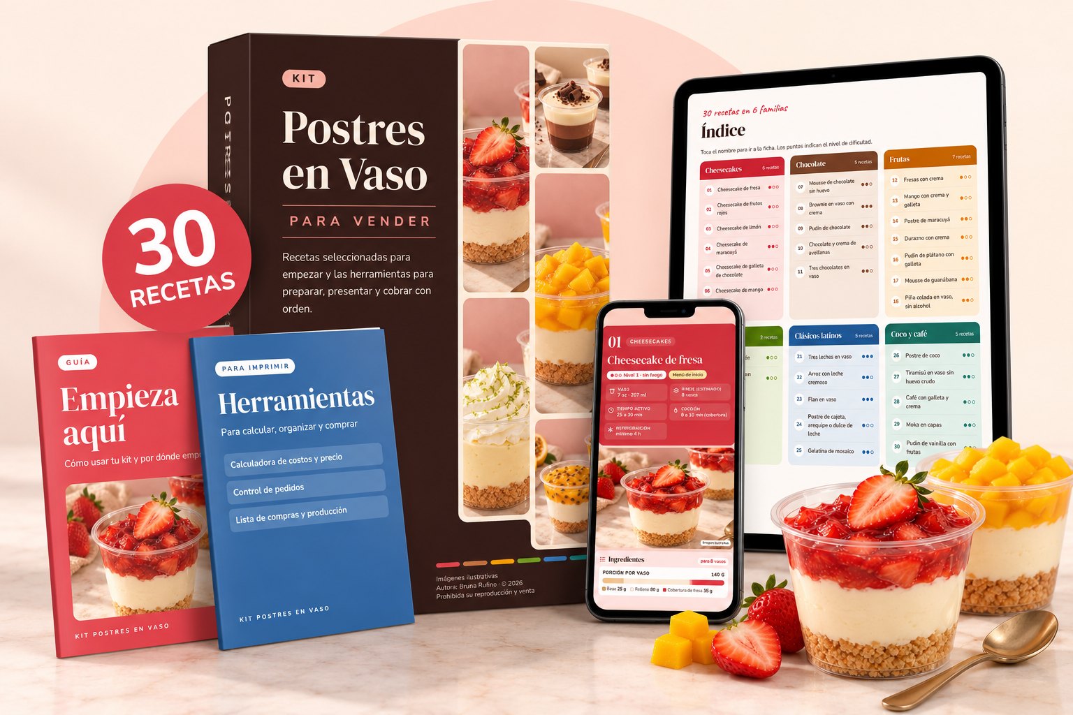 Kit Postres en Vaso para Vender: recetario, guía, herramientas y vista en tablet y celular
